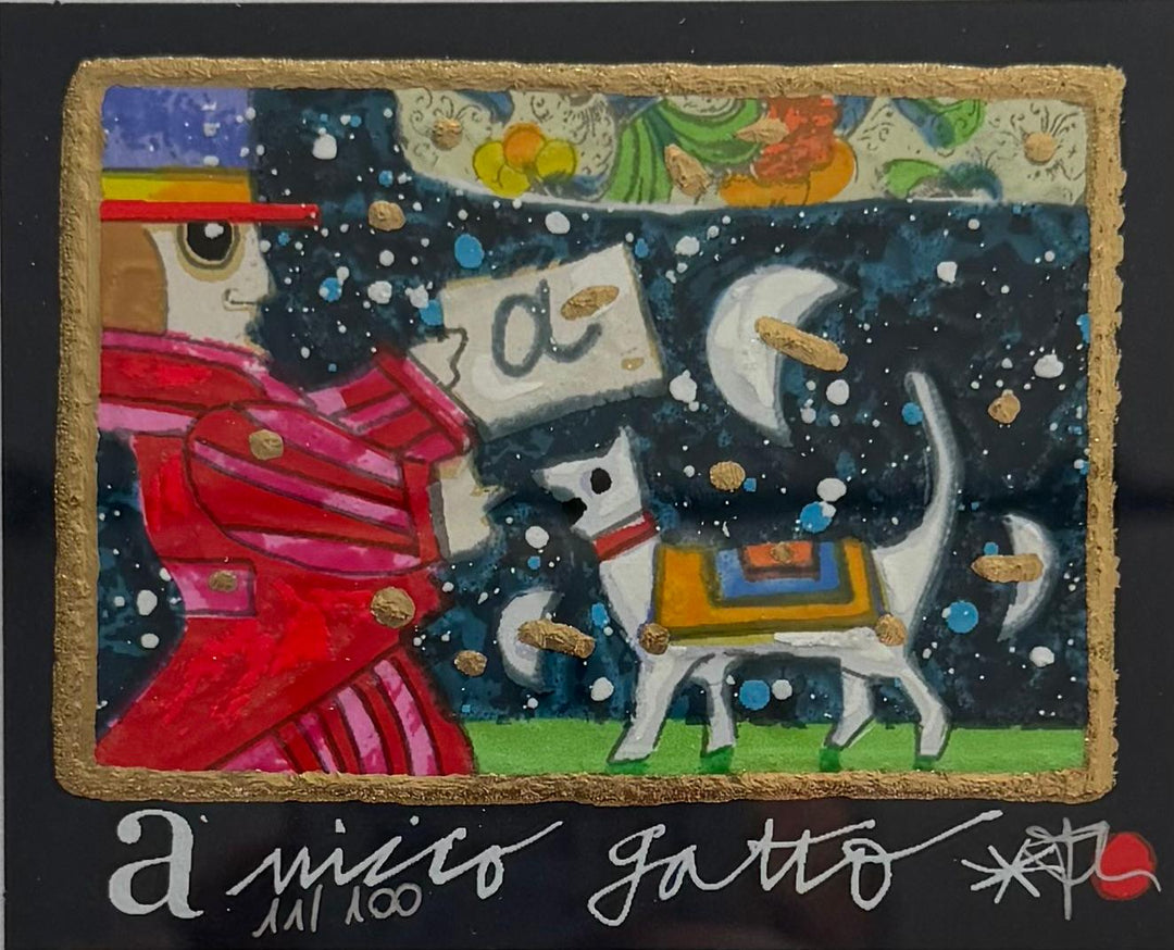 Opera in cornice: Amico gatto (fondo blu) | Francesco Musante