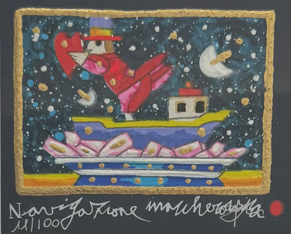 Opera in cornice: Navigazione maccheronica (fondo blu) | Francesco Musante