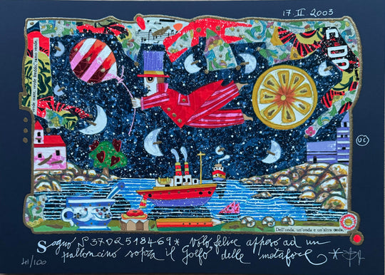 Volo felice appeso ad un palloncino (fondo blu) | Francesco Musante