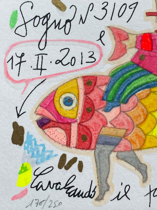 Cavalcando il pesce arcobaleno (Fondo bianco) | Francesco Musante