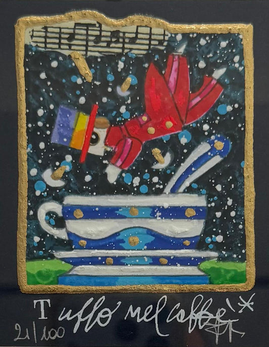 Opera in cornice: Tuffo nel caffè (fondo blu) | Francesco Musante