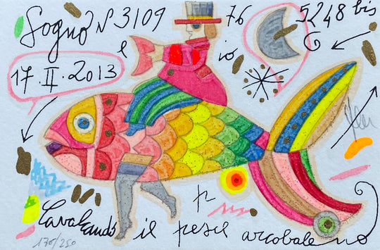 Cavalcando il pesce arcobaleno (Fondo bianco) | Francesco Musante